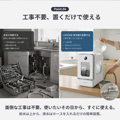 LISSOME J1 (リソム) AI Smart Dishwasher | No Installation Required, Slim 28cm Width Model